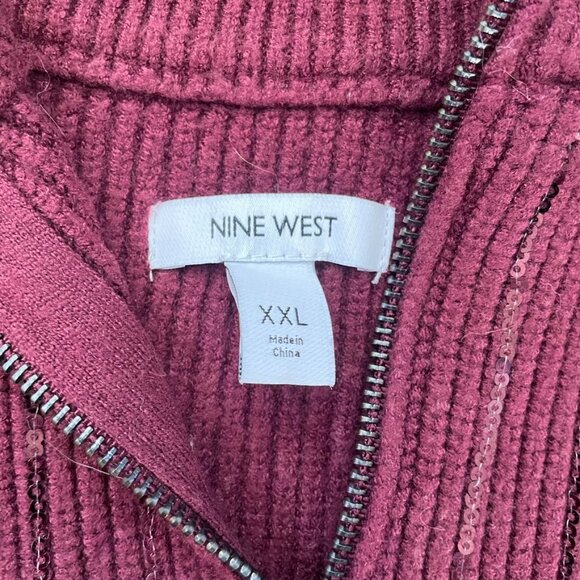 Nine West XXL Maroon Sequin Half Zip Sweater Ribbed Knit Zip Front Sparkle - Picture 5 of 8